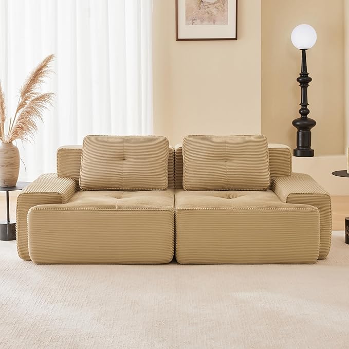 80" Modern Compressed Boneless Love Seat Couches, 2 Seater Large Sectional Couches for Living Room, Camel Corduroy Cloud Modular Sectional Sofa, Memory Foam, Extra Deep Loveseat, No Assembly