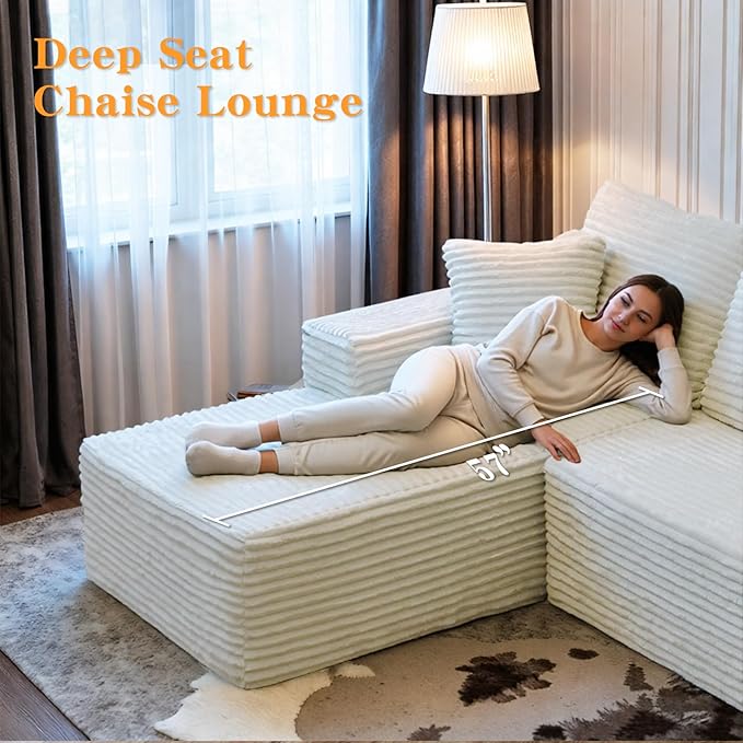 106'' Boneless Couches for Living Room, L Shaped Modular Sectional Sofa with Chaise Lounge, Faux Rabbit Fur & Layered Cushion Deep Seat Cloud Couch, No Assembly (Beige, Left Facing Chaise)