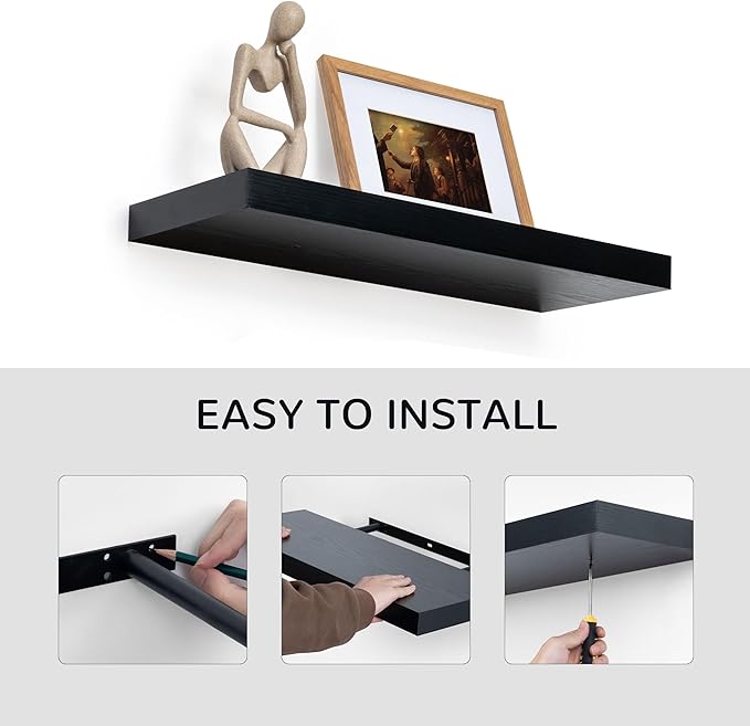 Fun Memories Floating Shelves - 2 Pack 9.3 Inch Deep Rustic Wooden Wall Shelves - Wall Mounted Storage Shelf with Invisible Brackets, 24" W x 9" D x 1.6" H - Black