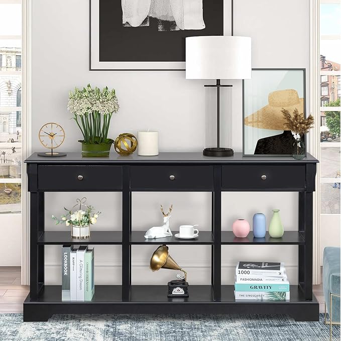 Karl home Console Table with 3 Drawers, 58" W Entryway Desk Sofa Side Table with 6 Bottom Cube Storage Shelves, Vintage TV Stand for Hallway Living Room Office, Black 32.5" H