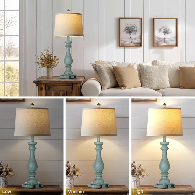 29" Tall Coastal Table Lamps Set of 2,Retro Blue Bedside Lamps with USB C+A Ports & AC Outlet,3-Way Dimmable Touch Lamp for Night Stands Living Room Bedroom,Blue
