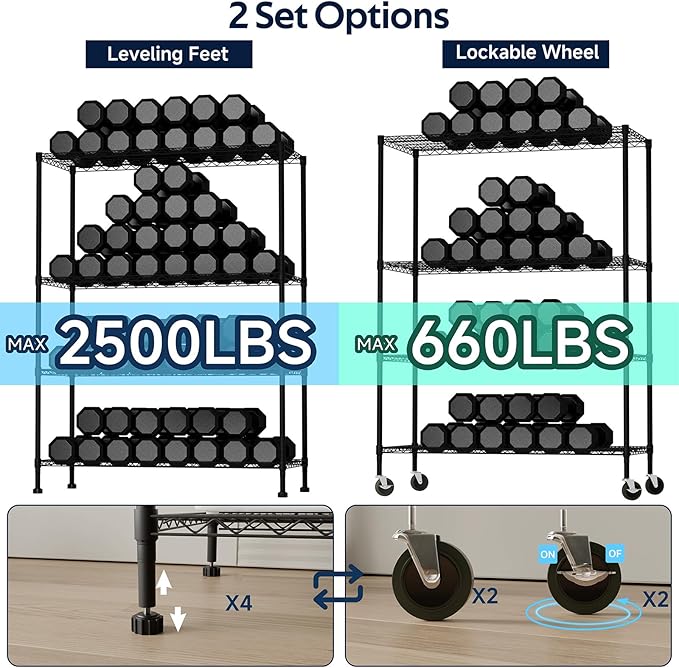 Whitmor 4 Tier Storage Shelves with Wheels, Heavy Duty Metal Shelving Unit, 625 lbs Capacity per Shelf, 2500 lbs Total for Kitchen, Garage, Plant, 55" L x 24" W x 72" H, Black