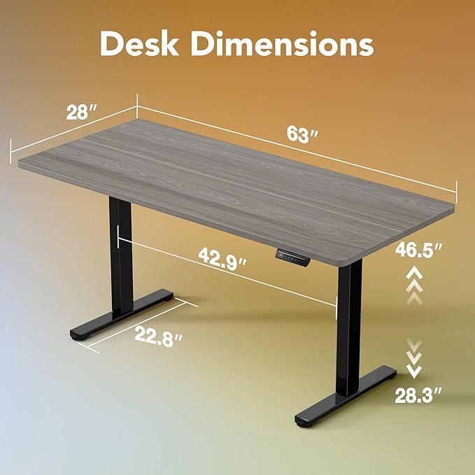HUANUO Electric Standing Desk,63" x 28" Height Adjustable Desk, 4 Memory Height Settings, Sit to Stand Up Desk for Home Office, with Headphone Hook, Cable Manager, Grey
