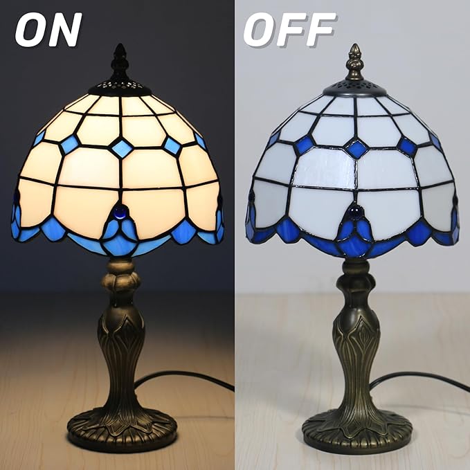 Tiffany Table Lamp, Tiffany Style Stained Glass Lamp, 8 Inch Small Antique Bedside Lamp, for Nightstand Bedroom Living Room Home Office, Blue, Include LED Bulb