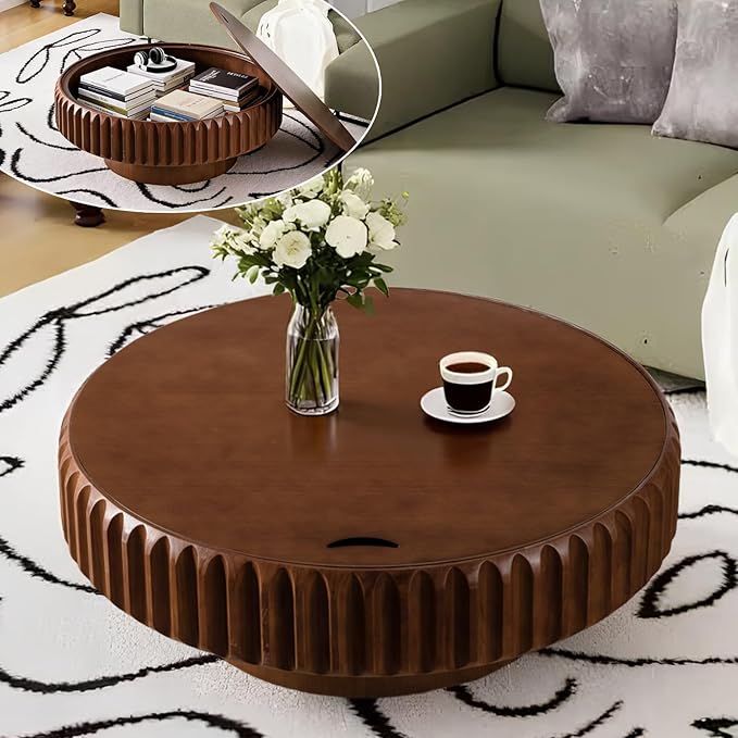 Round Coffee Table with Hidden Storage, Modern Circle Coffee Tables Handcraft Fluted Drum Coffee Table with Solid Wood Relief, Mid Century Center Table for Living Room Apartment (Walnut 39.37 Inch)