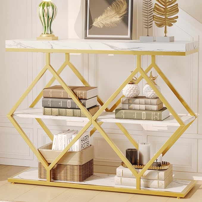 Garvee 3-Tier Entryway Table, Industrial Console Sofa Table with Storage, Accent Table with Open Shelves, Diamond-Shaped Metal Frame, Foyer Table for Entryway, Hallway, White