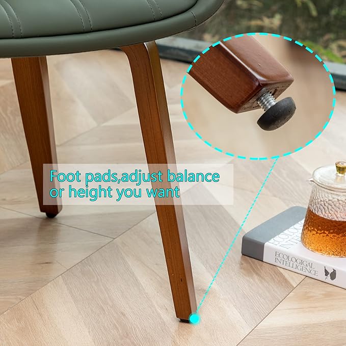 Mid Century Modern Faux Leather Upholstered Dining Chairs,Armless Accent Chairs with Sturdy Natural Wood Legs,Bamboo Backrest Support for Kitchen&Dining Room Chairs(Set of 4,Green)