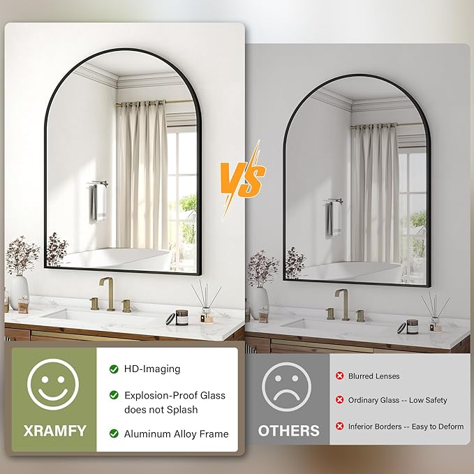 32"x48" Arched Bathroom Mirror with Aluminum Frame Arched Wall Mounted Vanity Mirror for Entryway, Bedroom, Living Room, Black