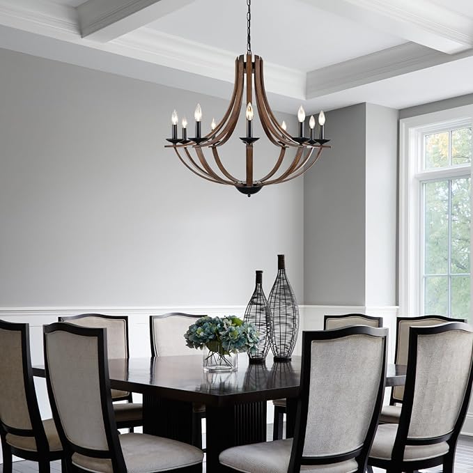 Rustic Chandeliers for Dining Room Light Fixture, 10-Light 35" Adjustable Height Retro Faux Wood Texture Farmhouse Light Fixtures for Living Room Bedroom Foyer Entryway