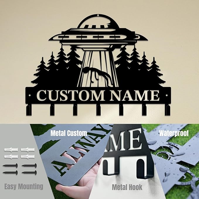 Personalized Custom Alien ET UFO Metal Wall Keys Hooks,Clothes Hooks Alien ET Art coat racks,door holder,Black Alien ET decorations for home,Entrance doors,Hallway, Bedroom,Keys,Hats (Style H)