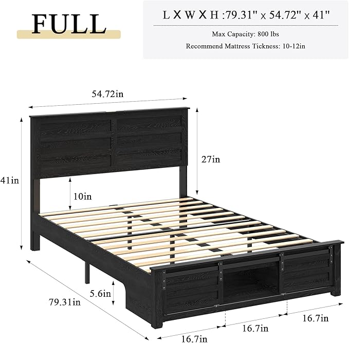 Wooden Bed Frame Full Size with Headboard & Sliding Barn Door Storage Footboard, Farmhouse Platform Bedframe with Charging Station, No Box Spring Needed, Black