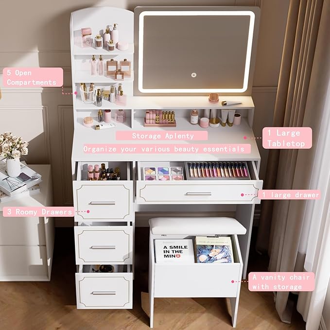 Vanity Table with LED Mirror & Power Outlet - 5 Open Shelves, 4 Drawers - Includes Padded Stool - Ideal Bedroom Makeup Dressing Table （White）