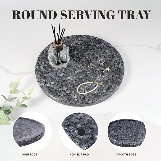 Natural Marble Tray, 11.8in Serving Tray for Fruit, Round Decorative Vanity Stone Plate for Jewelry&Key, Quality Storage Dish for Kitchen Coffee Table and Bathroom Desktop, Blue Pearl