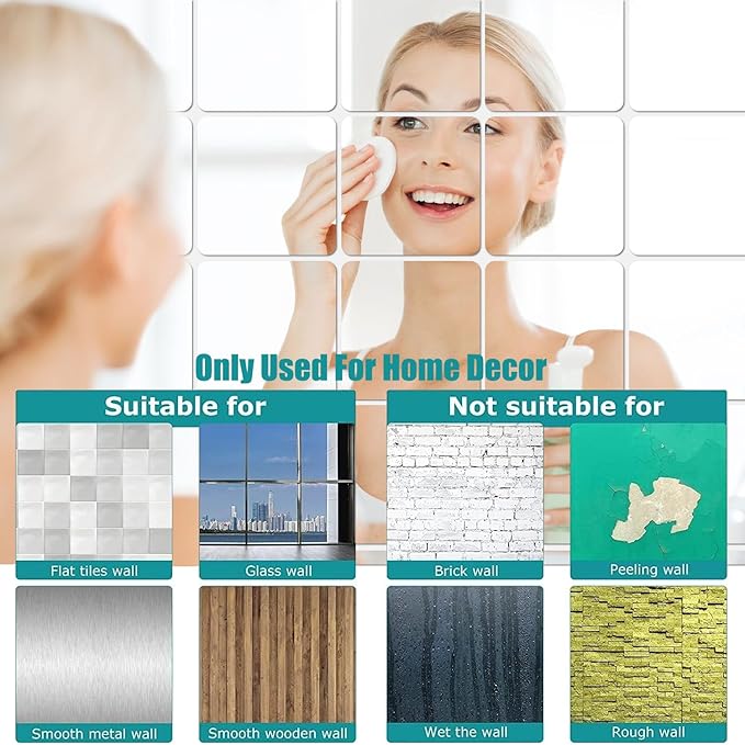 DARENYI 6Pcs Acrylic Mirror Tiles, 8'' x 8'' x 0.07'' Mirror Sheets for Walls Decor, Self-Adhesive Mirror Stickers, Square Mirror Trays Plates for Tables Centerpieces Wedding