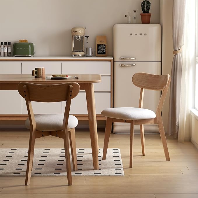 100% Solid Wood Upholstered Dining Chairs, Mid Century Modern Oak Dining Chairs with Curved Back Design with Butterfly Wing Shape for Kitchen, Dining Room, Restaurant (2PK, Log Color-Beige Cushion)