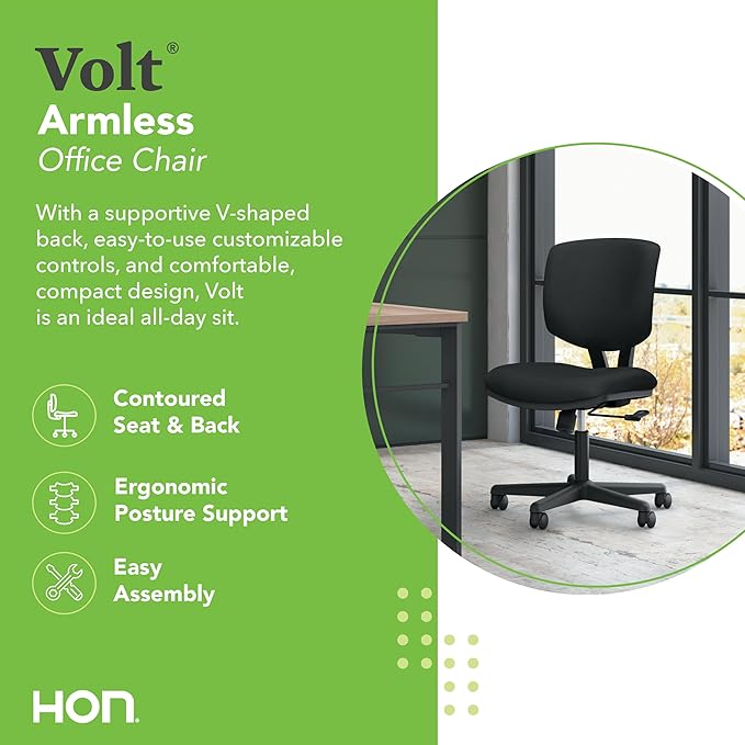 HON Volt Armless Office Chairs with Wheels, Ergonomic Adjustable Center-Tilt Recline, Fabric Back and Seat, Swivel Desk Chair, Black