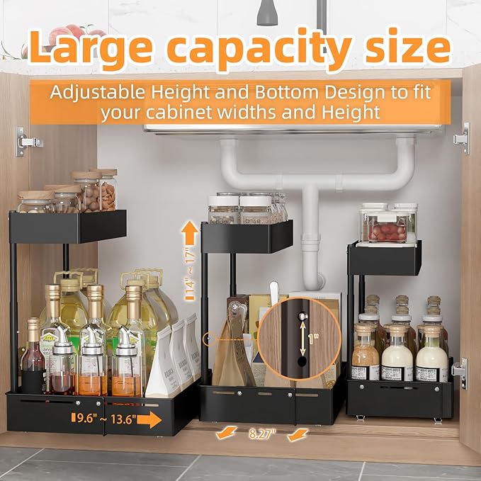 2Packs Under Sink Organizer with Adjustable Height and Width, Under Cabinet Organizer to Tidy, Sturdy Metal Design for Kitchen and Bathroom