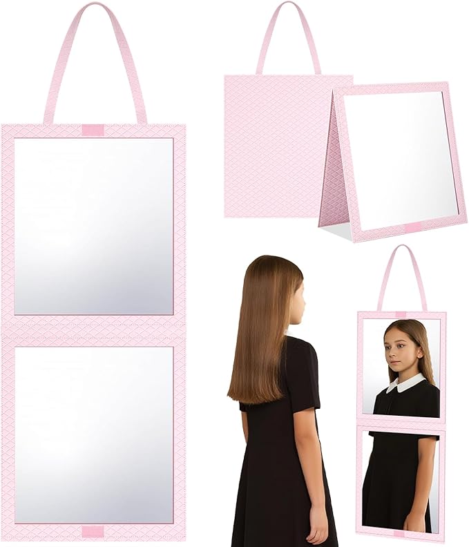 Foldable Travel Portable Full Length Mirror, Dance Bag Hanging Mirror Full Body Mirror for Dance, Camping, Travel, Dance Competition Must Haves Backstage Folding Hanging Mirror (Pink, 24*11 Inch)