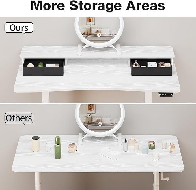 Veken 47.2"×27.6" Home Office Standing Desk with Monitor Riser, Adjustable Computer Desk with Drawers, Ergonomic Desk for Work, Study, Gaming, Crafting, White