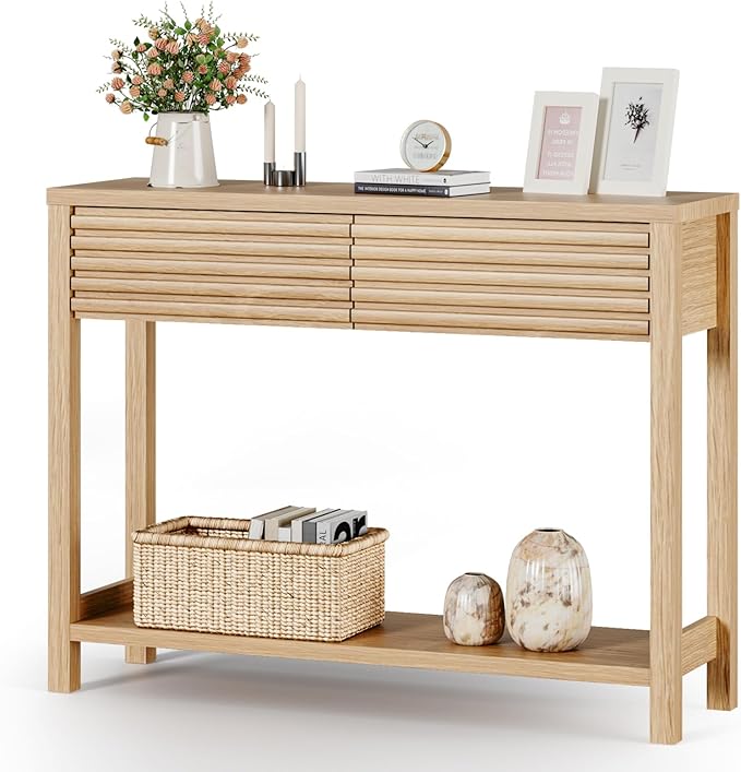 EAG 40" Fluted Console Table with 2 Drawers, Modern Wood 2 Tier Entryway Table with Storage Shelf, Narrow Sofa Tables Behind Couch for Entrance Foyer, Hallway, Living Room, Natural
