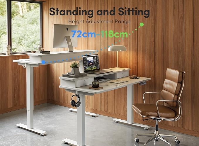 FEZIBO 48 x 24 Inch Height Adjustable Electric Standing Desk with Double Drawer, Computer Desk, Home Office Stand Up Table with 4 Height-Adjustable Feets & 2 Hooks, White