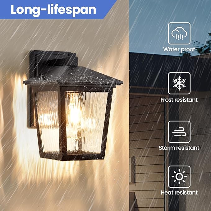 Wall Light, Exterior Waterproof Sconce in Black, Anti-Rust Light Fixture with Water Glass, Modern Outdoor Lantern for House Balcony Entryway Garage