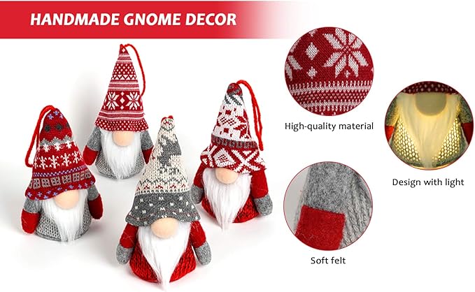 Christmas Gnome Hanging Ornaments with Lights, Handmade Swedish Tomte Plush Scandinavian Santa Elf Ornaments, Home Decorations for Shelf Table Fireplace Christmas Tree - Pack of 4
