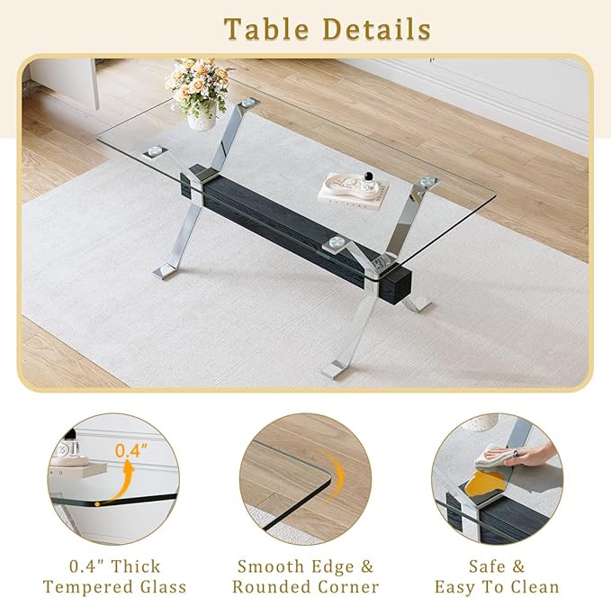 Glass Dining Table 71"｜Modern Dining Table for 6-8｜0.4" Thick Tempered Glass Top｜Chrome Silver Metal Legs｜Black Crossbar｜Easy Assembly｜Perfect for Dining Room or Kitchen