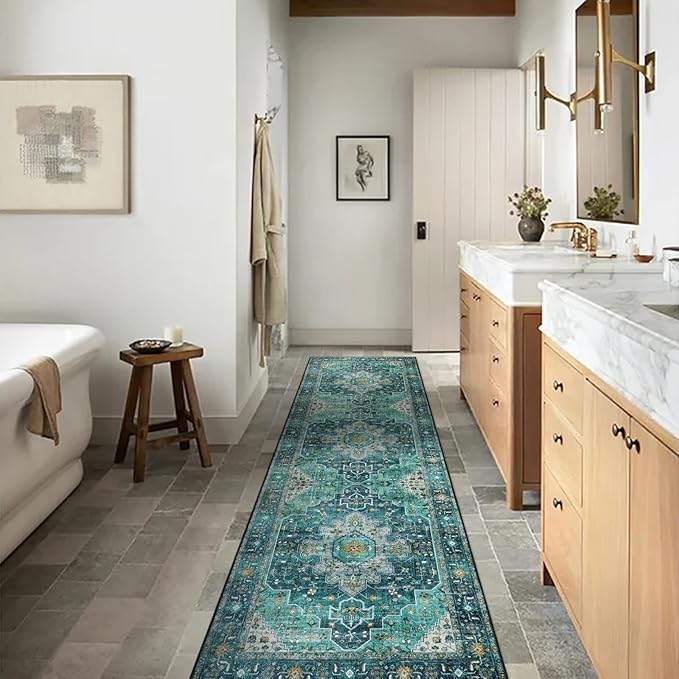 Moynesa Ultra-Thin Washable Runner Rug - 2'6" x 10' Teal Runners for Hallways Stair Carpet Runner, Oriental Non Skid Non Shedding Low Pile Kitchen Mat for Bedroom Mudroom Hardwood Floor