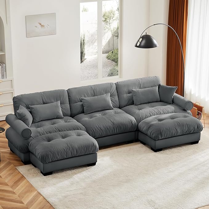 130" Grey Modular Sectional Sofa, 3 Seater Large Sectional Couches for Living Room, Velvet Fabric Oversized Fluffy Cloud Couch with Ottoman, Deep Seat Home Sofas Set, Sofá Moderno, U Shaped