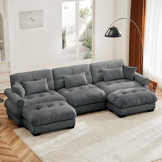 130" Grey Modular Sectional Sofa, 3 Seater Large Sectional Couches for Living Room, Velvet Fabric Oversized Fluffy Cloud Couch with Ottoman, Deep Seat Home Sofas Set, Sofá Moderno, U Shaped