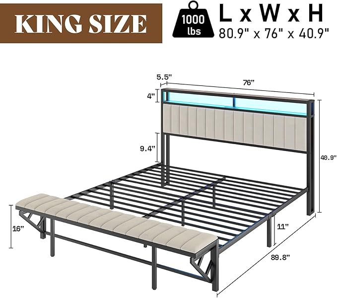 King Bed Frame with LED Light and Charging Station, Velvet Upholstered Headboard with Storage Shelf, Heavy Duty Metal Slats/No Box Spring Needed/Easy Assembly, Beige