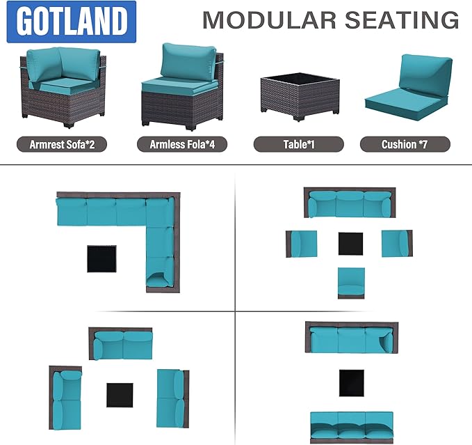 Gotland 7 Pieces Patio Furniture Set with 4’’ Thick Cushions, All-Weather PE Rattan Patio Set with 29.5'' High Backrest, Outdoor Furniture with Coffee Table for Porch Deck Garden Green Blue