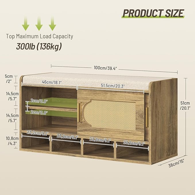 39.4" Wide Shoe Storage Bench, 2-Tier Rattan-Style Shoe Bench with Cushion Seat and 4 Open Compartments, Double Sliding Door and Adjustable Shelves, for Entryway, Hallway, Natural Pecan