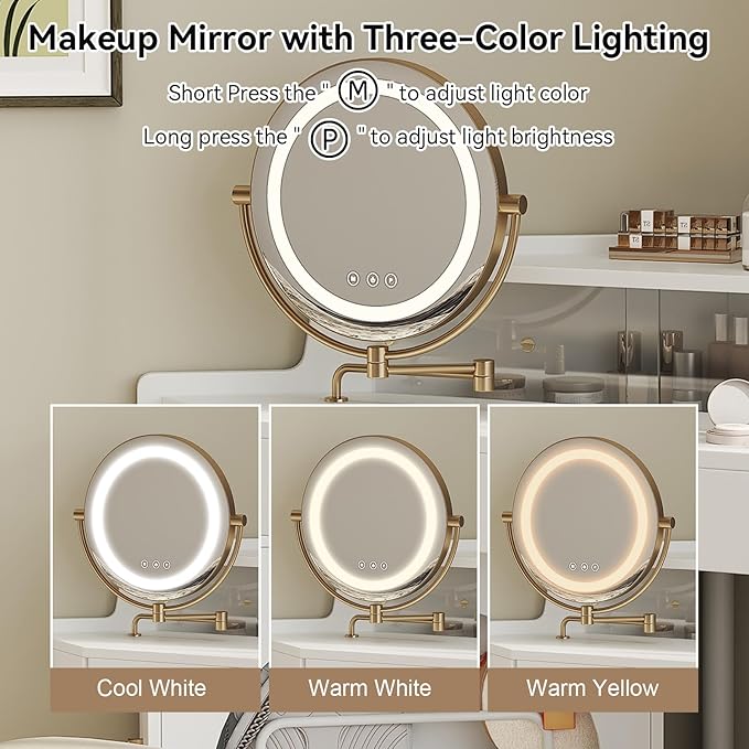 Merax Corner Vanity Desk with Mirror & LED Lights & Stool, Modern Makeup Vanity Table with Drawer Shelf Cabinet for Bedroom, Brightness Adjustable Folding Mirror (White)