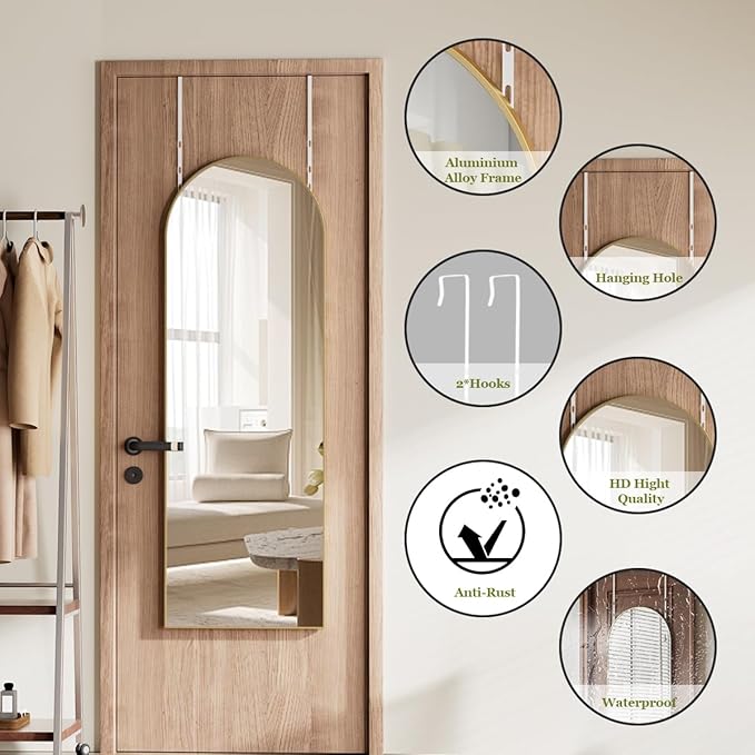 BEAUTYPEAK 14" x 48" Adjustable Height Over The Door Mirror, Arch Full Length Hanging Door Mirror with Shatterproof Tempered Glass Aluminum Alloy Frame for Bedroom, Living Room, Bathroom, Dorm, Gold