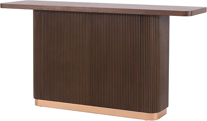 58" Console Table for Entryway with Fluted Pedestal Base Behind Couch, Modern Wood Accent Sofa Table with Metal Accen for Entrance, Hallway, Living Room, Walnut