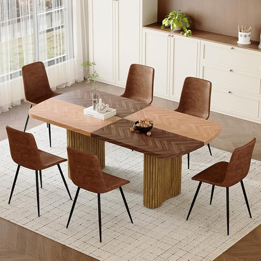 79" Large Dining Table Set for 6, Modern Farmhouse Dining Room Table Set with 1.7" Thick Two-Tone Wood Top, Sculpted Wave Legs & 6 Suede Upholstered Chairs, Wooden Kitchen Table Set for Living Room