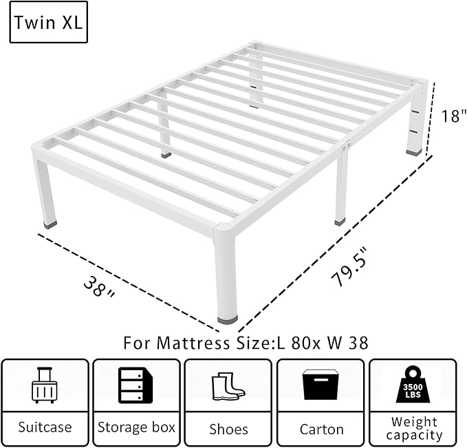 ROIL 18 Inch White Twin XL Bed Frame with Rounded Corner and Headboard Hole Mattress Retainers 3500LBS Heavy Duty Steel Slats No Box Spring Needed Platform Noise-Free Easy Assembly