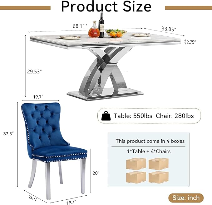 Goujxcy 5-Piece Dining Table Set Modern Faux Marble Dining Table Set for 4, Luxury 68" Long Faux Marble Kitchen Table with 4 Velvet Upholstered Chairs, Mirrored Stainless Steel Base
