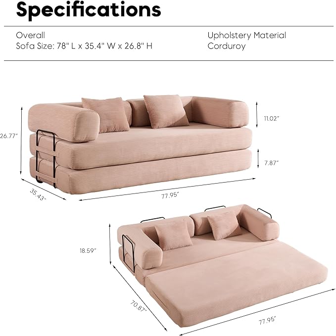 Convertible Folding Couch Bed, Comfy Corduroy Sleeper Floor Sofa Bed with Fixed-Shape Frame, Floor Sofa with Armrest, Lounge Couch for Living Room Bedroom Lounge Studio,Pale Pink