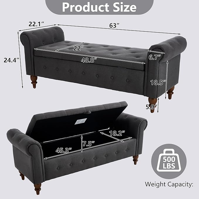GNIXUU 63" End of Bed Storage Bench for Bedroom, Upholstered Ottoman Seat with Storage for Living Room, Window, Entryway, Grey Velvet