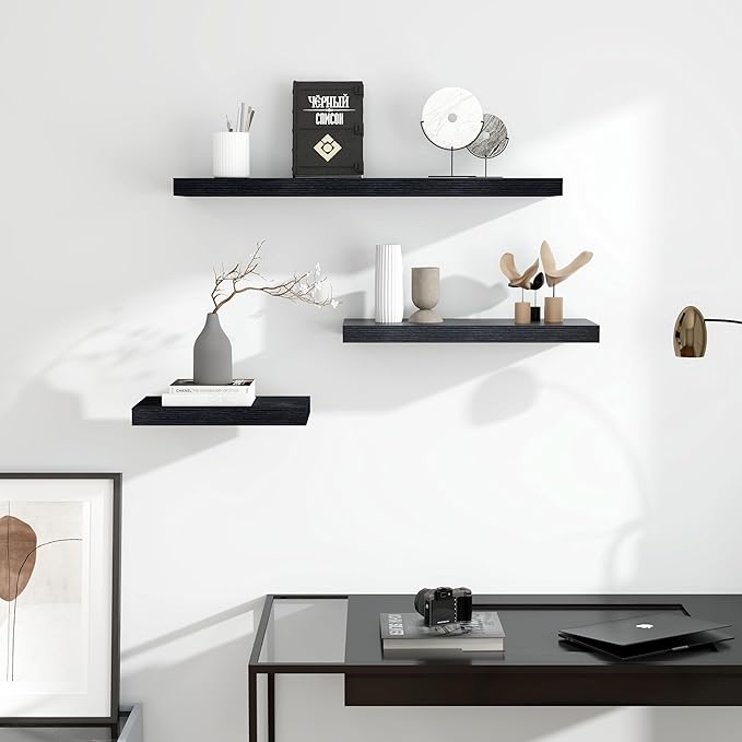 Fun Memories Deep Floating Shelves - 16" W x 9.3" D x 1.6" H Rustic Black Wall Shelf - Wall Mounted Shelves for Storage - Wooden Shelves with Invisible Brackets for Living Room, Farmhouse - Set of 2