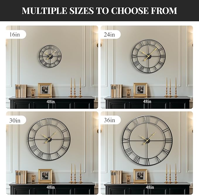 Cuspin Large Wall Clock for Living Room Mantel Decor, 36 Inch Wall Clock Battery Operated, Metal Round Roman Numeral Big Black Clock for Bedroom, Home, Kitchen, Office, Wall Decor