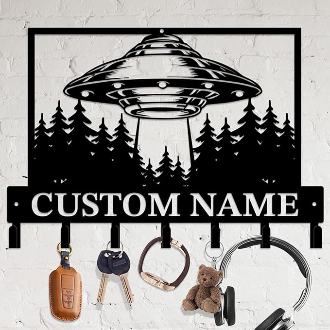 Personalized Custom Alien UFO Metal Wall Keys Hooks,Clothes Hooks Alien ET Art Coat Racks,Door Holder,Black Alien UFO Decorations for Home,Entrance Doors,Hallway, Bedroom,Keys,Hats (Style G)