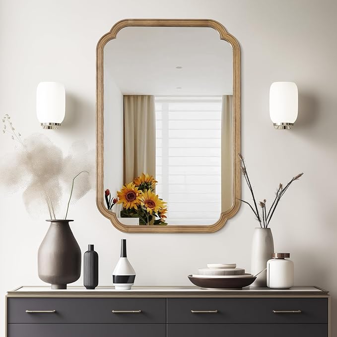 WallBeyond 24" x 36" Rounded Corner Arch Wall Mirror with Wood Frame for Entryway, Living Room or Bedroom Home Decor - Light Woodgrain, Honey-Colored