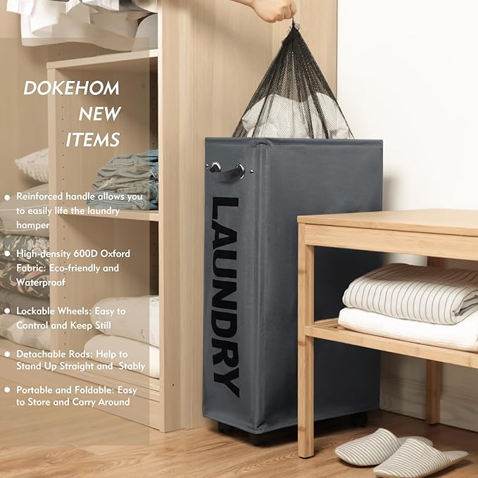 DOKEHOM 29-Inches Enlarged Slim Laundry Basket with Removable Wash Bag on Wheels, Collapsible Rolling Laundry Hamper, Foldable Narrow Corner Clothes Storage Bins (Dark Grey)