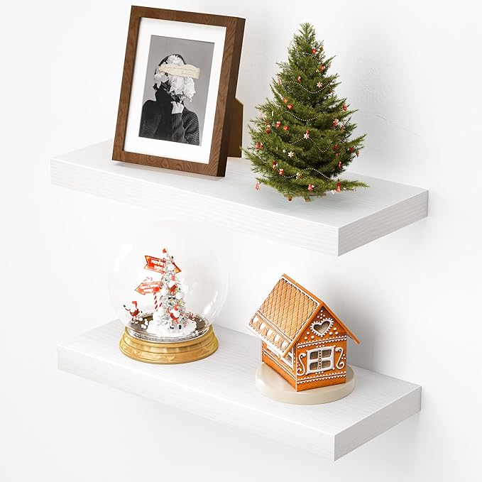 Heimlove Floating Shelves for Wall,16 inchs Shelf for Small Bathroom,Mounted Storage & Display Shelves for Bedroom,Living Room,Kitchen,Office,Set of 2,White