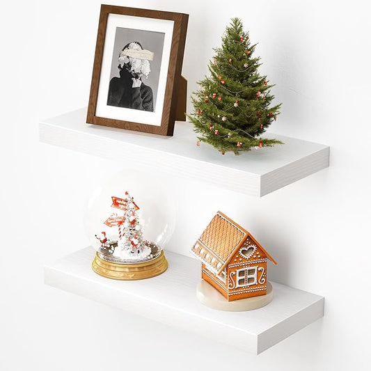 Heimlove Floating Shelves for Wall,16 inchs Shelf for Small Bathroom,Mounted Storage & Display Shelves for Bedroom,Living Room,Kitchen,Office,Set of 2,White