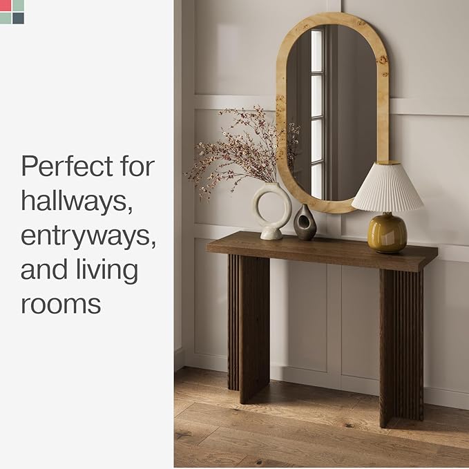 Fluted Console Table - Slim Entryway Table for Narrow Hallways - Natural Wood Console with Curved Cross Base & Mid-Century Modern Style - Walnut